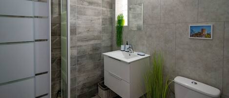 Shower, hair dryer, towels, soap