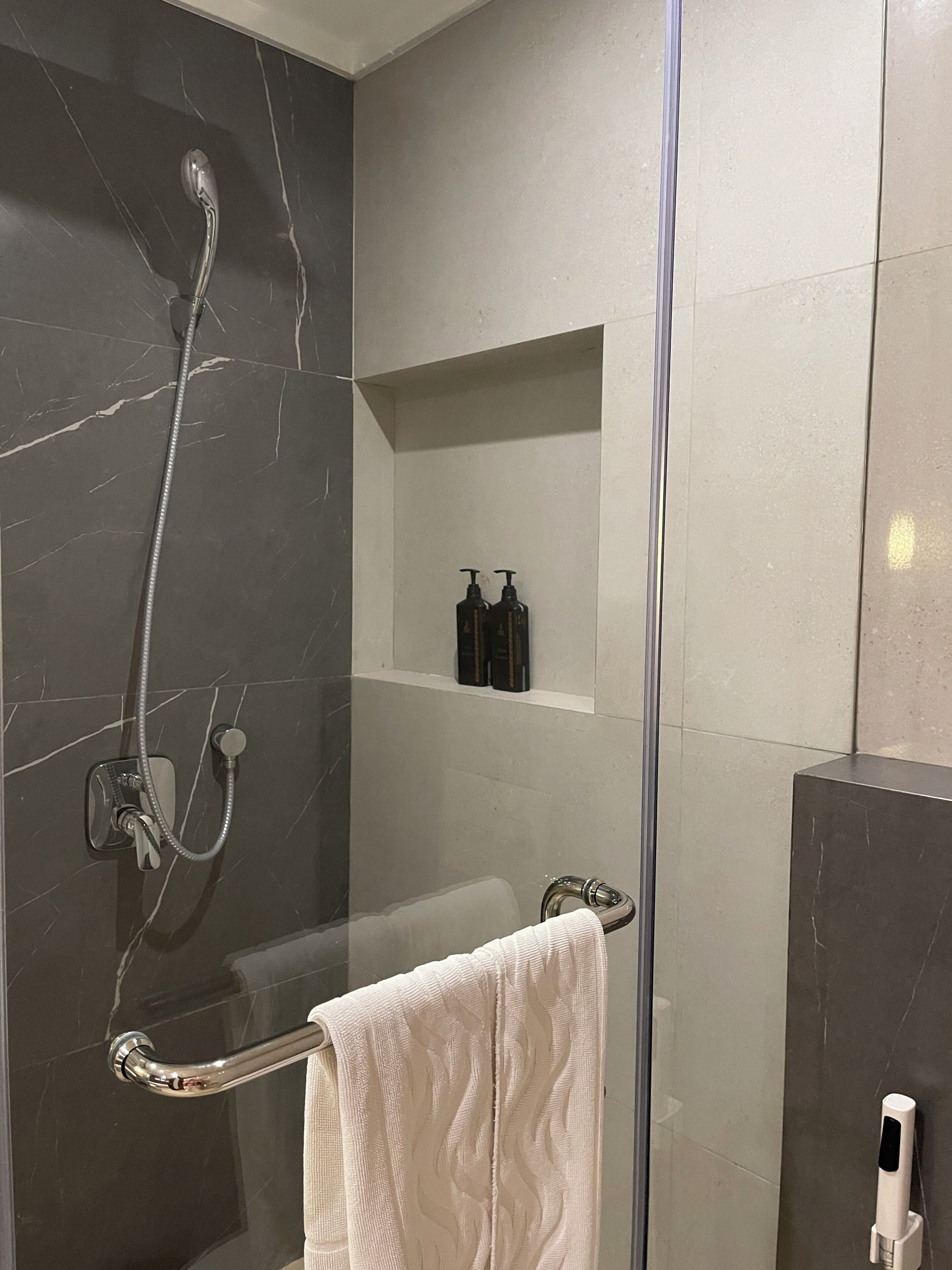 Hair dryer, towels, soap, shampoo