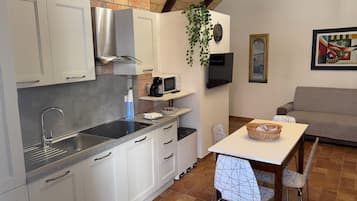 Kühlschrank, Mikrowelle, Herdplatte, Wasserkocher mit Kaffee-/Teezubehör