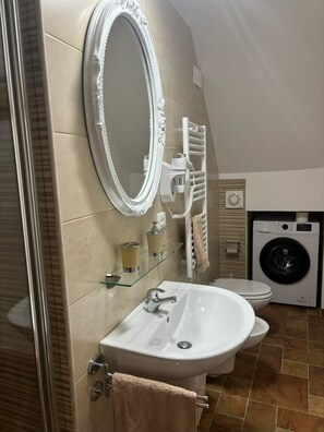 Shower, hair dryer, bidet, towels