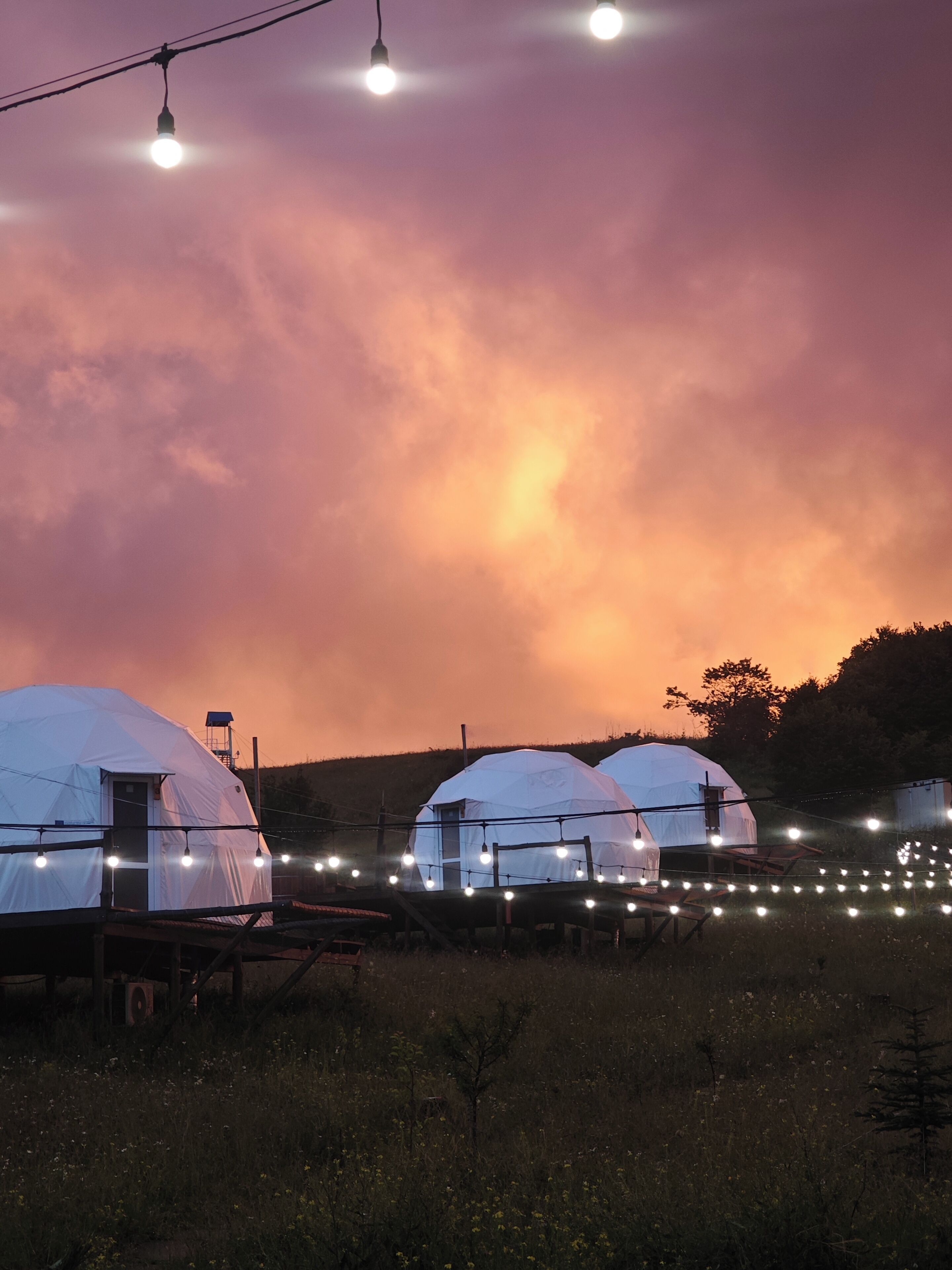 Une rangée de tentes en forme de dôme, illuminées par des guirlandes lumineuses, est installée dans un champ verdoyant, avec un ciel nuageux en arrière-plan.