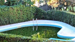 Una piscina de borde curvo, rodeada de densos setos verdes.
