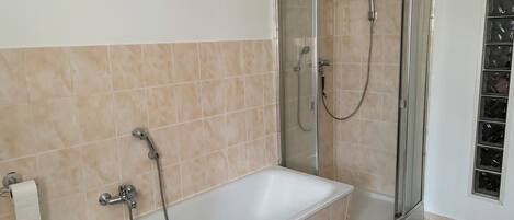 Hair dryer, towels, soap, toilet paper