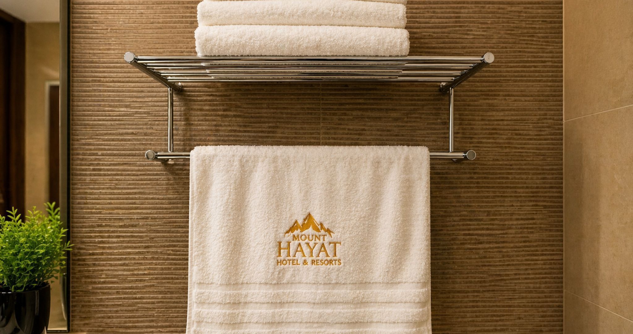 A bathroom with a towel rack holding two folded towels and a towel with a logo.