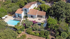 Une vue aérienne d’une maison à deux étages avec une piscine, entourée d’une végétation luxuriante.