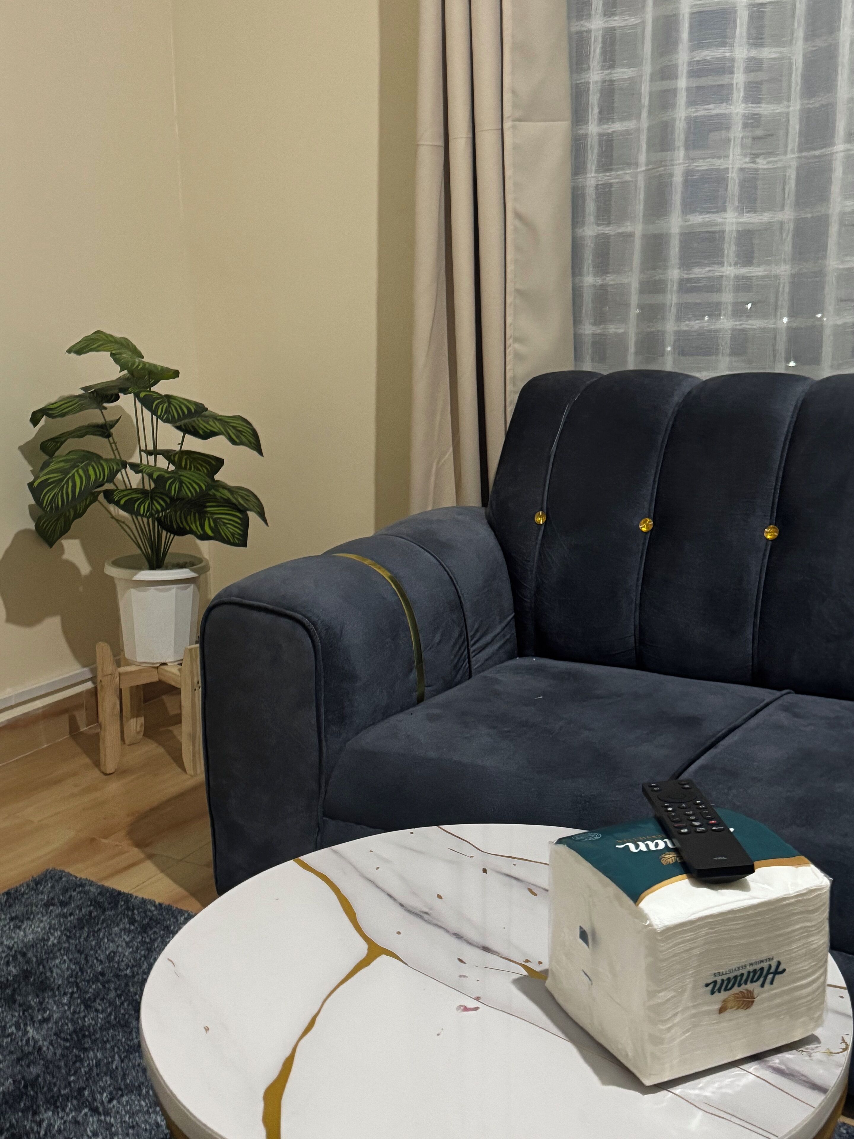 En mørkeblå sofa med guldknapper, et hvidt bord med marmorering, toiletpapir og en potteplante.