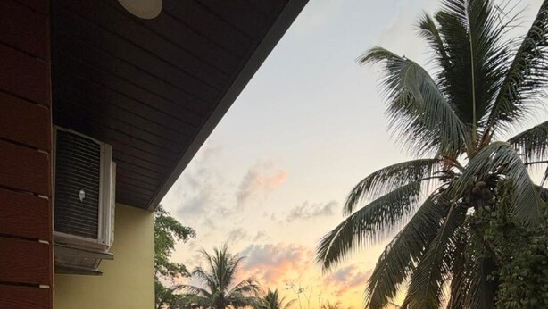 A balcony with a glass railing overlooking a tropical landscape with palm trees and a sunset. - Sri Krish Resort  (Port Blair)