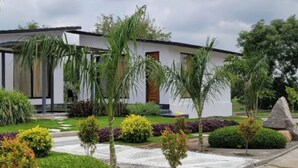 Un bâtiment moderne à la façade blanche, doté de grandes fenêtres et agrémenté d’un jardin bien entretenu, où l’on trouve diverses plantes et un élément décoratif en pierre.