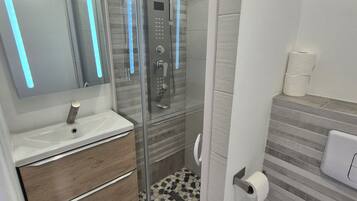 Hair dryer, towels, soap, toilet paper
