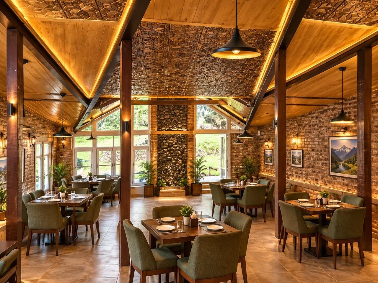 A restaurant with high ceilings, wooden beams, and a stone wall. Tables are set with chairs, and there are plants and artwork on the walls.