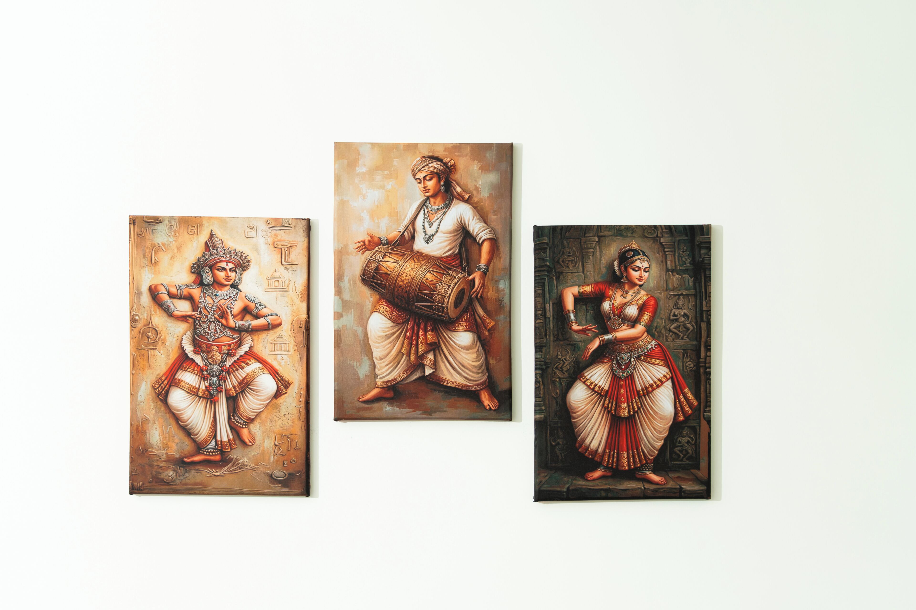 Three paintings of figures in traditional attire.