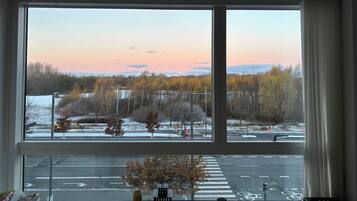 A view through a large window with a view of a road and trees outside.