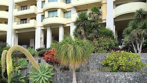 A hotel with a modern design, featuring a stone wall and various tropical plants in the garden area. - Superior Rentals - Beachfront Penthouse (free parking) (Funchal)