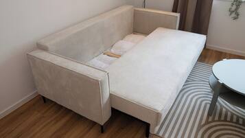 A compact room with a sofa bed, a small table, and a patterned rug.