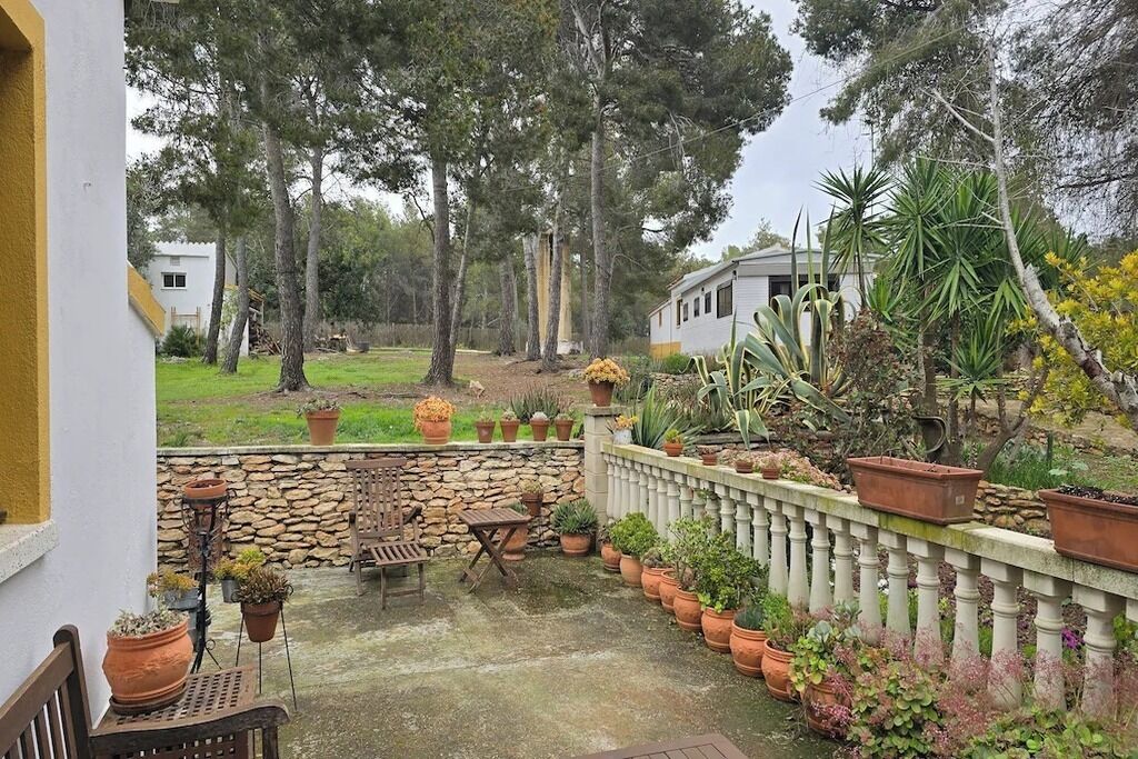 A patio area with a stone wall, wooden furniture, and various potted plants.
