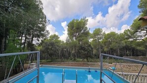 Ein Schwimmbecken mit Metallleiter und Sprungbrett, umgeben von Bäumen und blauem Himmel.