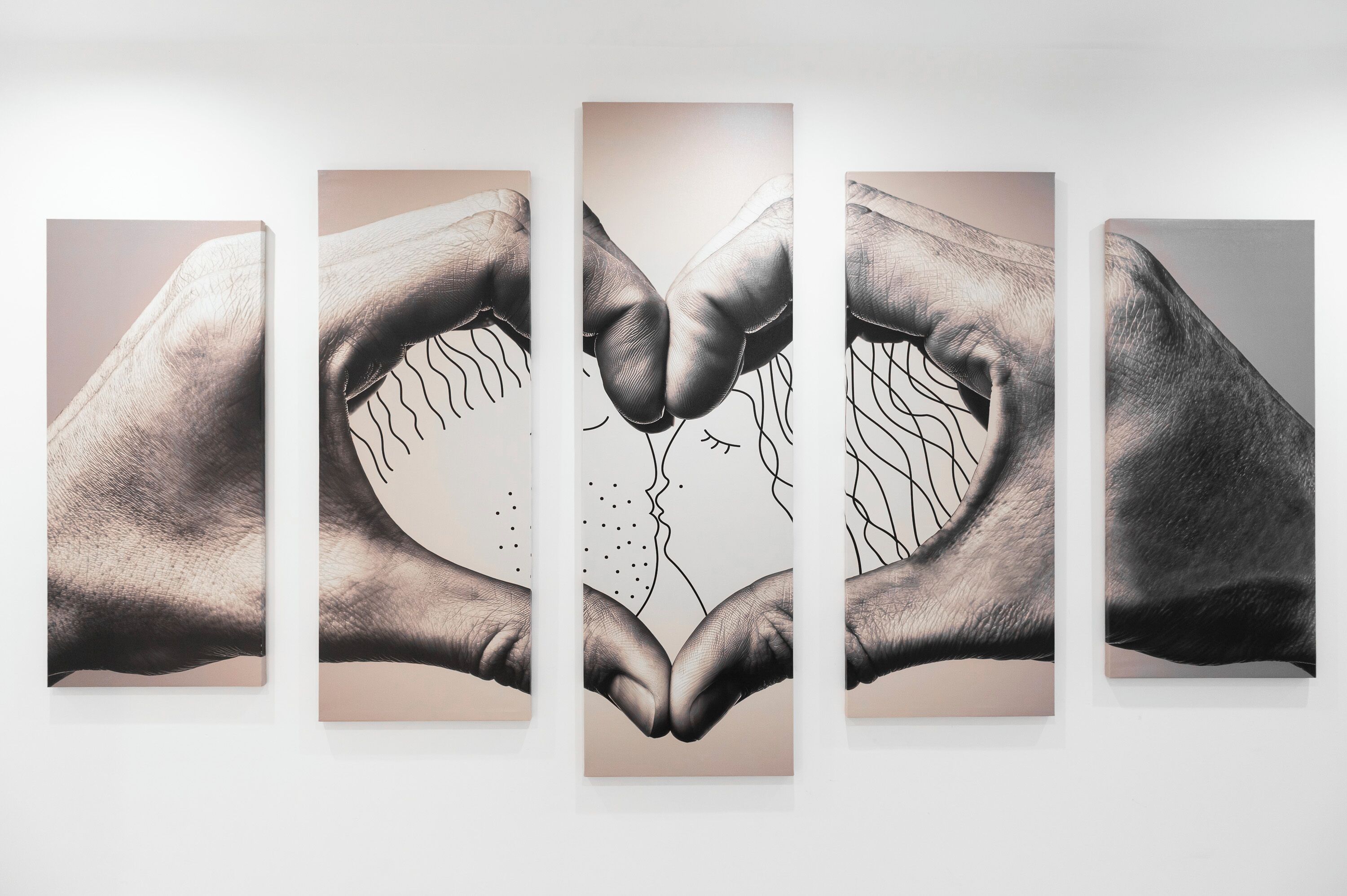 A series of five panels depicting hands forming a heart shape.