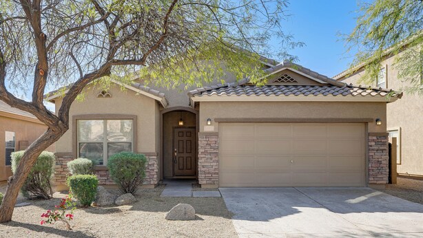 A residential house with a brown door, a garage, and a landscaped front yard with a tree and shrubs. - Community Perks! Golfers Oasis in San Tan Valley (San Tan Valley)