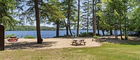 Un área de picnic junto al lago con bancos y mesas, rodeada de altos árboles y una cabaña de madera.