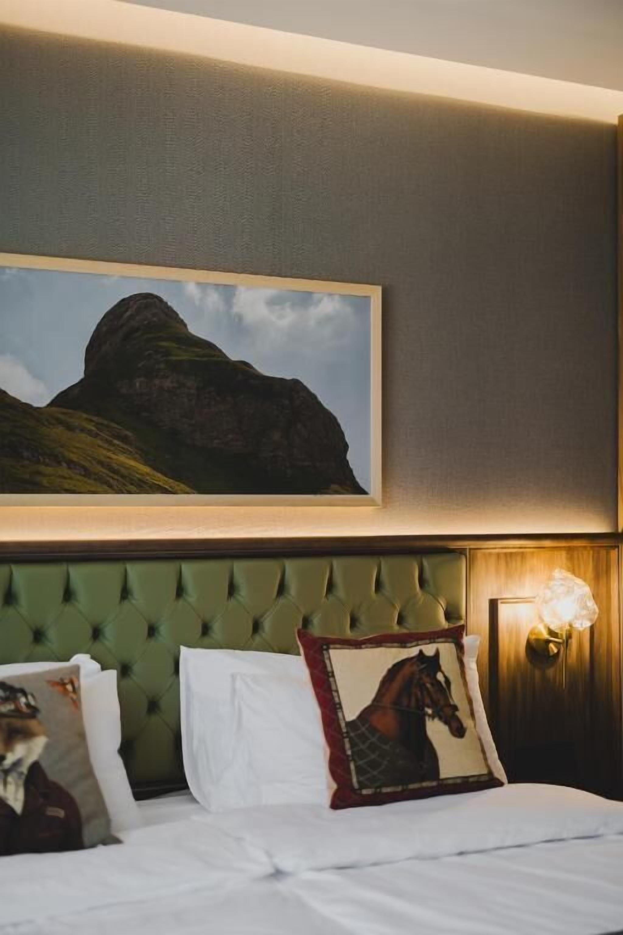 Une chambre d’hôtel avec un lit, un tableau représentant une montagne accroché au mur, une tête de lit recouverte d’un tissu vert et une table de chevet avec une lampe.