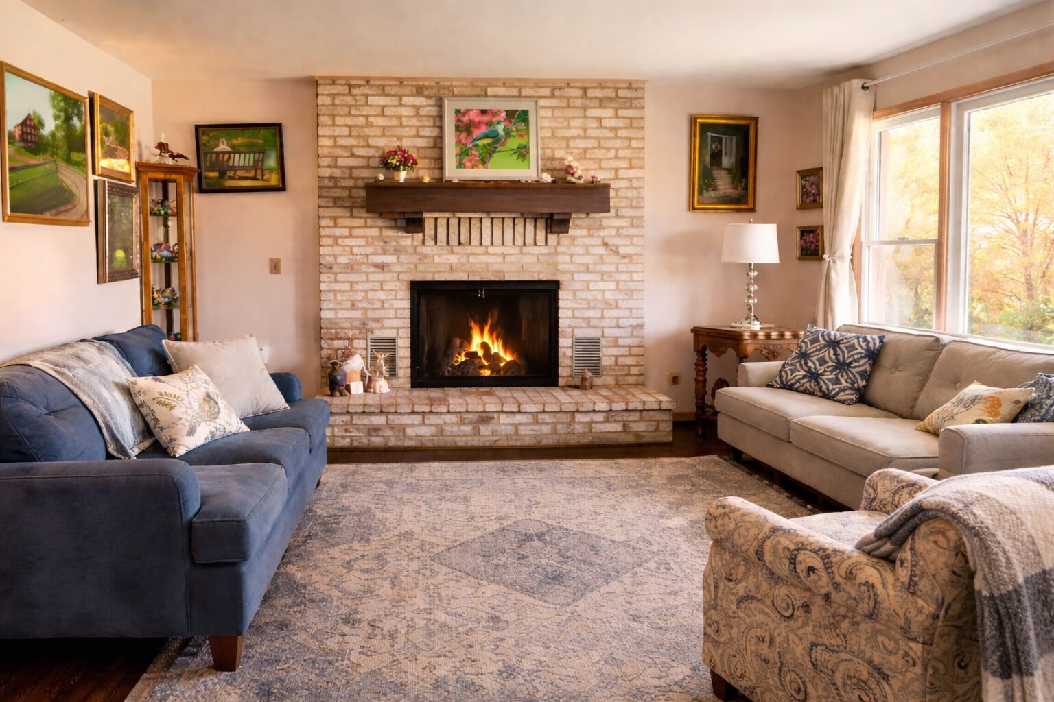 Smart TV, fireplace, books