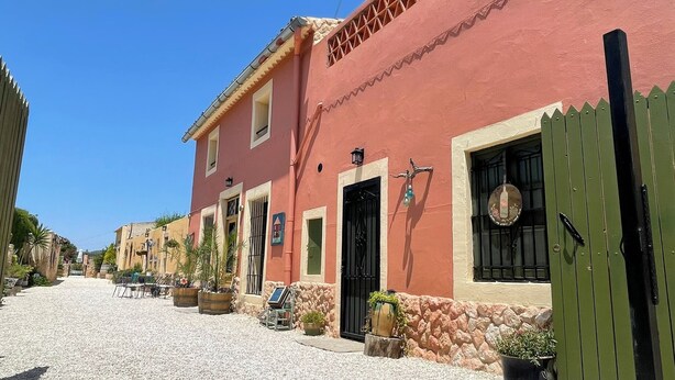 Una hilera de edificios tradicionales con paredes de piedra y techos de tejas, una calle empedrada y macetas con plantas a lo largo de la acera.