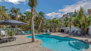 A swimming pool with a curved design, surrounded by palm trees and lounge chairs. - The Pool House~Steps to Beach & Siesta Key Village (Siesta Key)