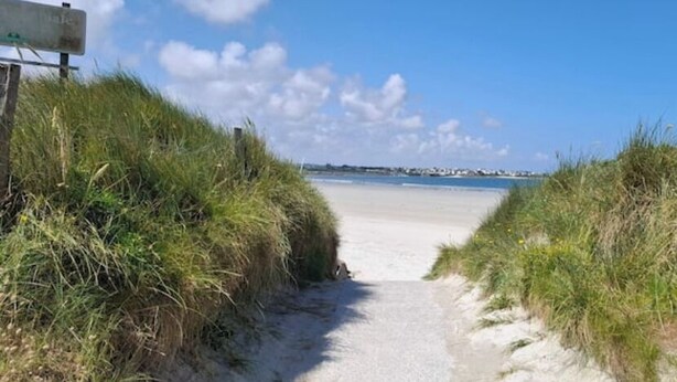 A pathway leading to a beach with grassy banks on either side. - Single-storey seaside house (Santec)