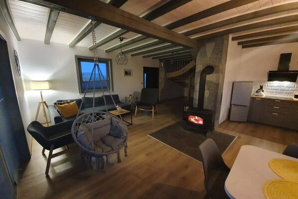 A cozy living room with a hanging chair, a sofa, and a fireplace.