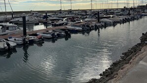Un puerto deportivo con varias embarcaciones amarradas, una costa rocosa y un cielo nublado.