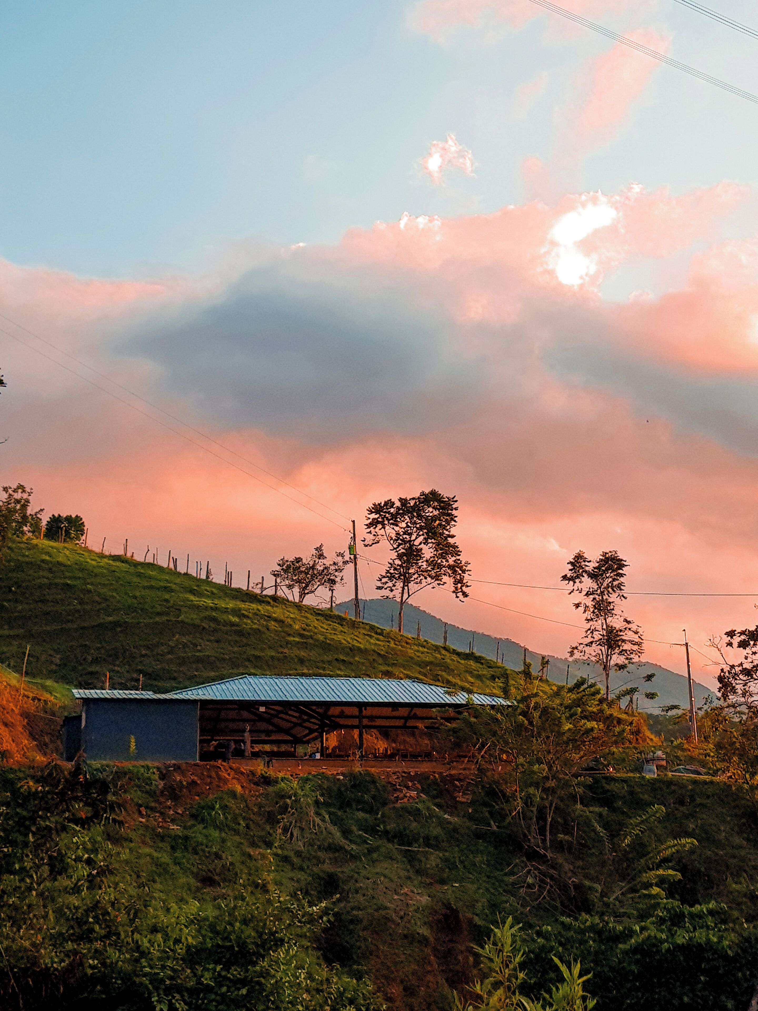 A rural landscape with a small building on a hill, surrounded by greenery and trees.
