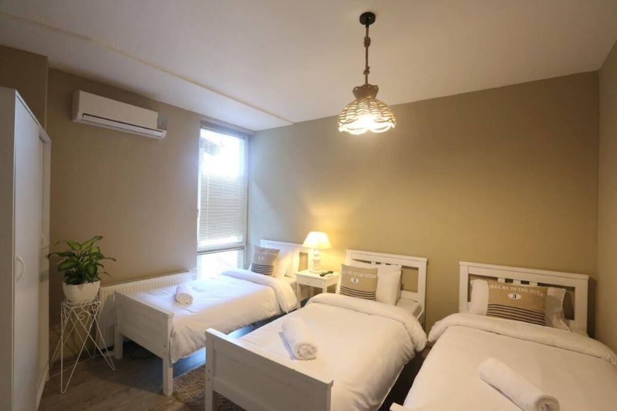 Une chambre d’hôtel avec deux lits, une plante en pot, un appareil de climatisation, une fenêtre avec des stores et un luminaire suspendu.