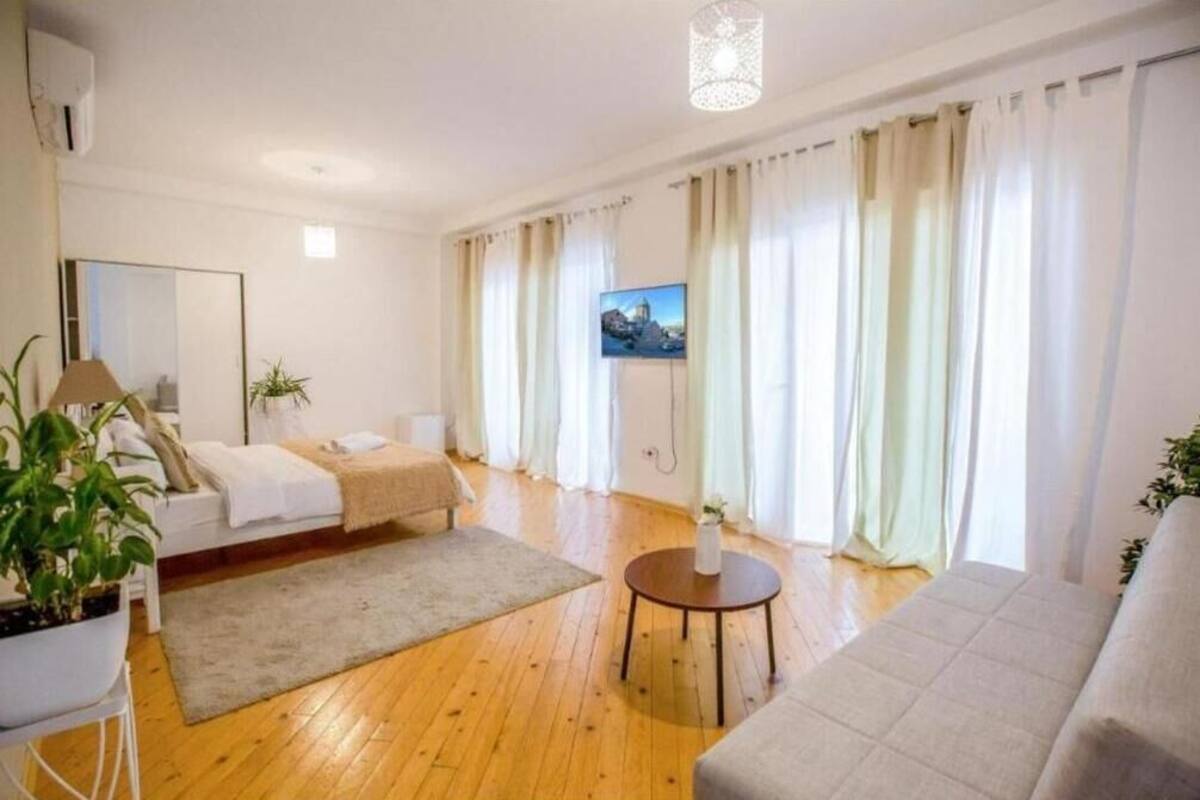 Une chambre moderne et bien éclairée, équipée d’un lit, d’un canapé, d’une télévision et d’une plante.