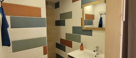 Regadera, secadora de cabello, papel de baño