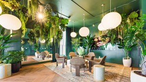 Une pièce dotée d’un plancher en bois, de plusieurs coins salon, de plantes suspendues et de grands luminaires blancs suspendus au plafond.
