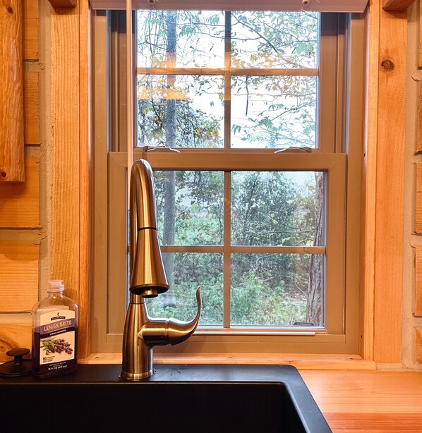 A kitchen with a stainless steel faucet, a bottle of lemon drop, and a window with a view of trees. - Secluded Shipshewana Log Cabin In the Woods (Shipshewana)