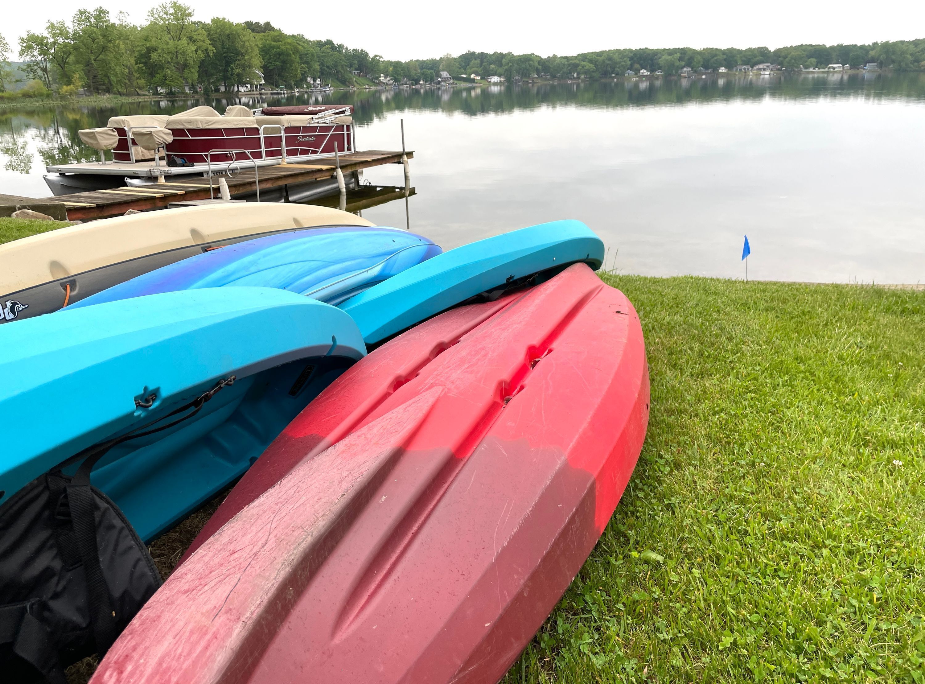 A row of kayaks on a grassy lakeside dock.