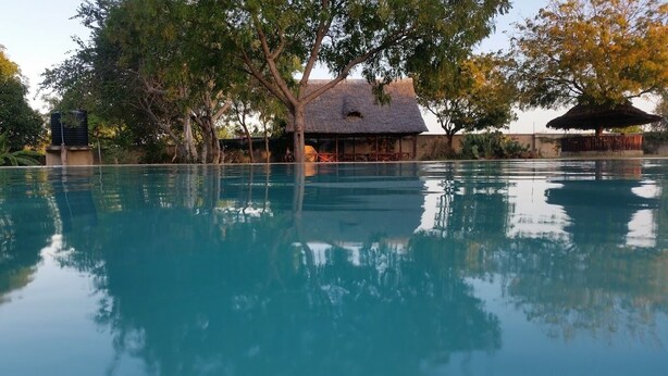 A clear swimming pool surrounded by trees and a thatched-roof building. - Likizo Cottages & Resort Kanamai (Mtwapa)