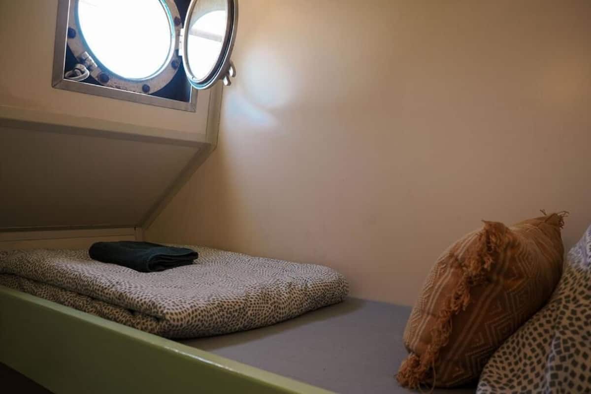 A small, single-bed room with a window above the bed, a green headboard, and a leopard print bedspread.