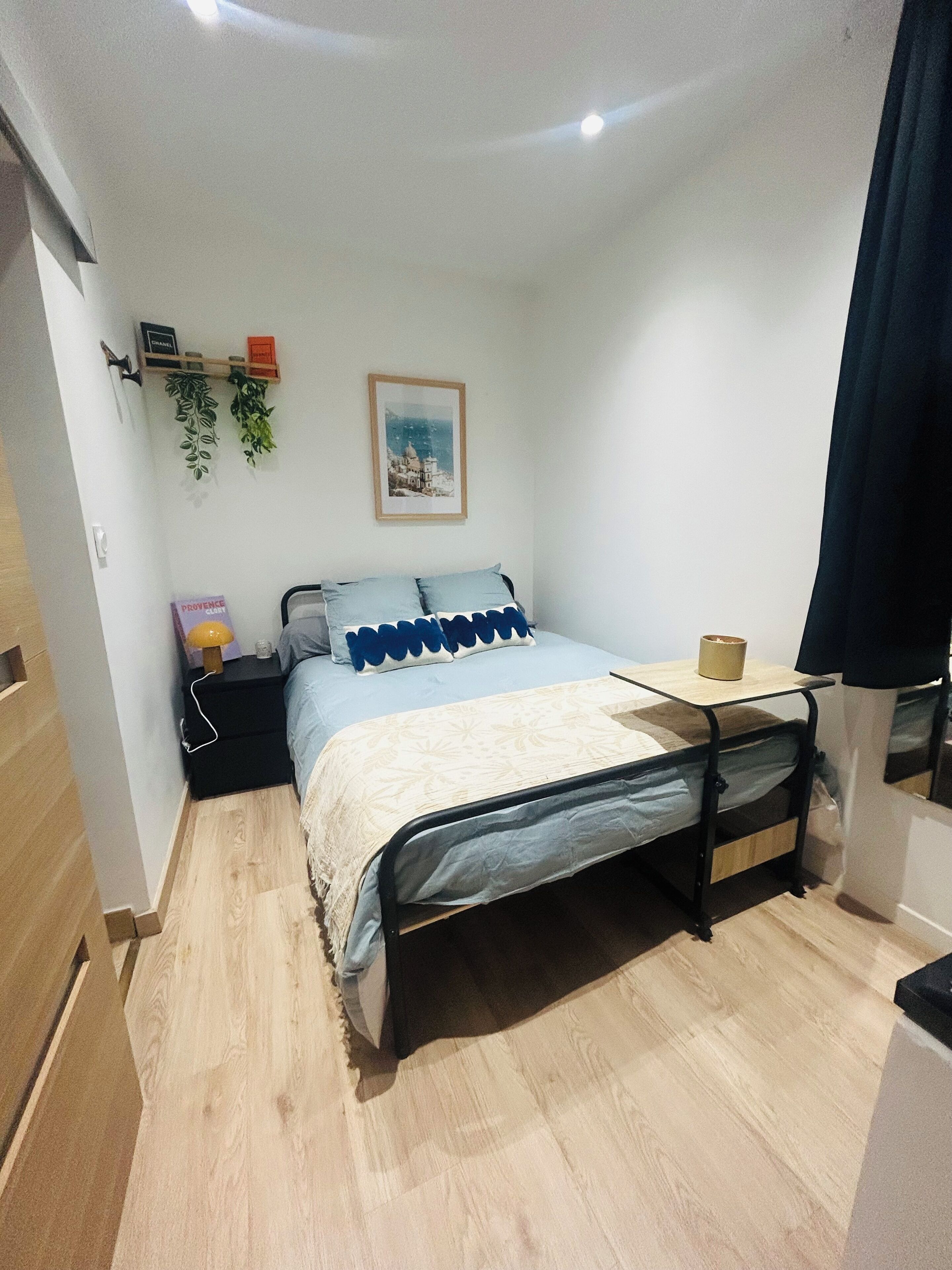 Un dormitorio pequeño y bien iluminado con una cama individual, una mesita de noche, un estante en la pared con plantas y un cuadro enmarcado.