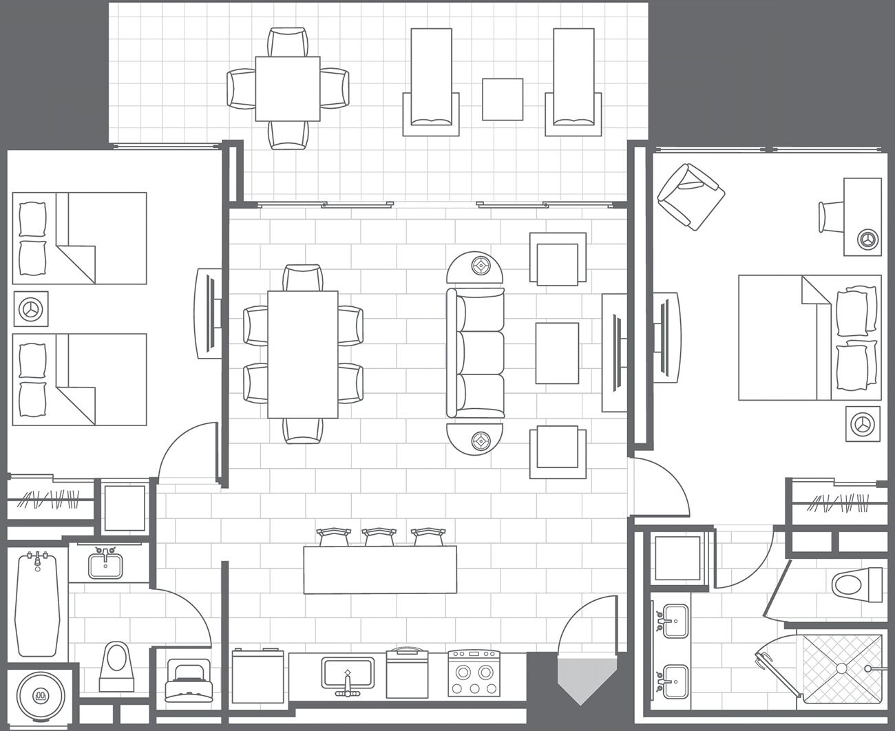 Un plan d’étage d’hôtel comprenant plusieurs chambres, une cuisine, un coin repas et une salle de bain.
