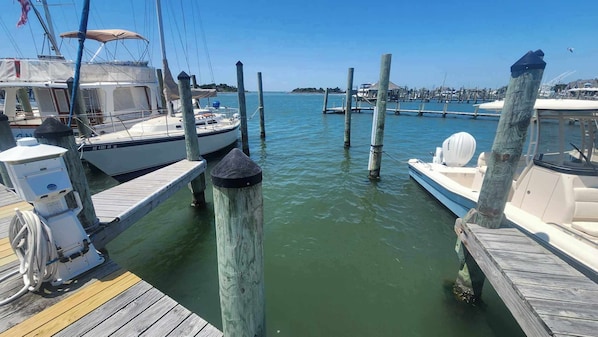 A marina with docked boats, wooden pilings, and a clear view of the water.