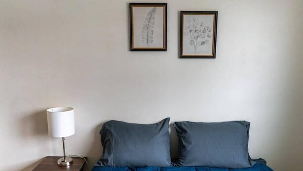 A bedroom with a bed, two pillows, a nightstand with a lamp, and two framed pictures on the wall. - Cozy Studio Near NDSU (Apt 5) (Fargo)