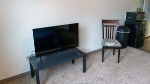 A living room with a flat-screen TV on a stand, a wooden chair, a small table, and a trash can. - Cozy Studio Near NDSU (Apt 5) (Fargo)