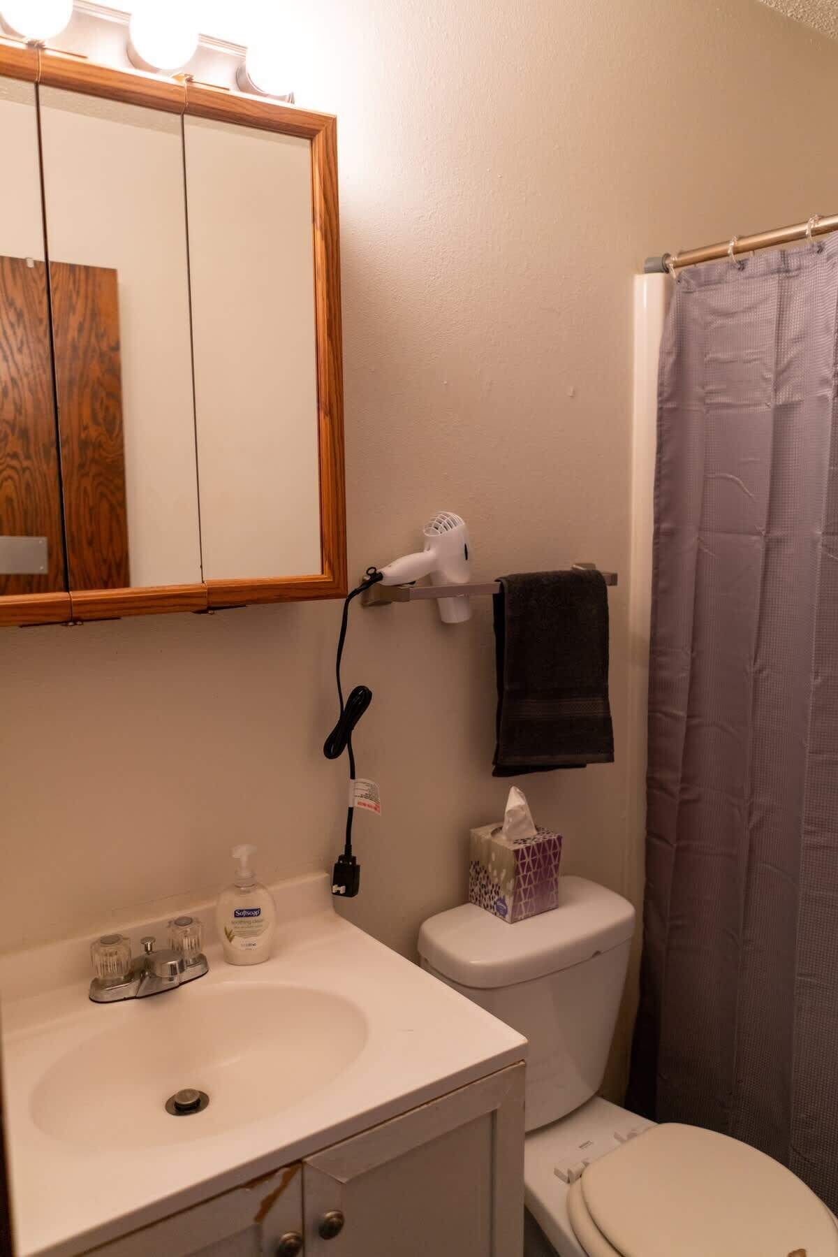 Shower, hair dryer, towels, shampoo