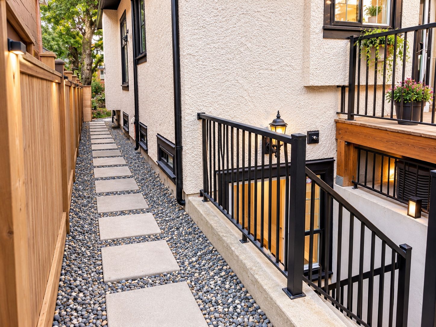 A narrow pathway with stepping stones leading to a building with a wooden fence on one side and a black metal railing on the other.