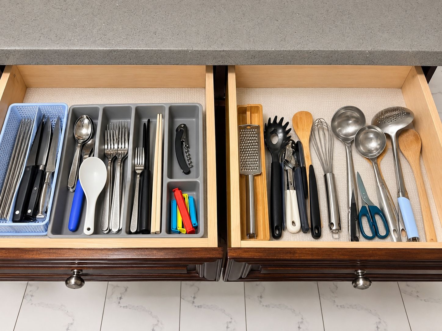 A kitchen drawer with utensils and tools organized in compartments.
