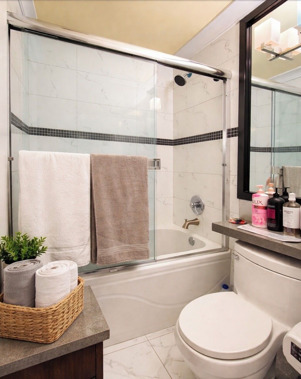 Hair dryer, towels, soap, shampoo