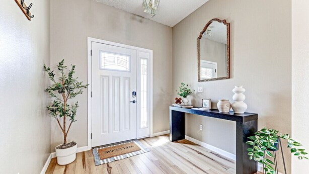 Een gang met een witte deur, een console tafel met decoratieve objecten, een spiegel en een potplant.