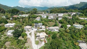 An aerial view of a residential area with houses surrounded by lush greenery and hills in the background. - Nutmeg Nook, Stylish 1BR Home - Central St George (Saint George's)